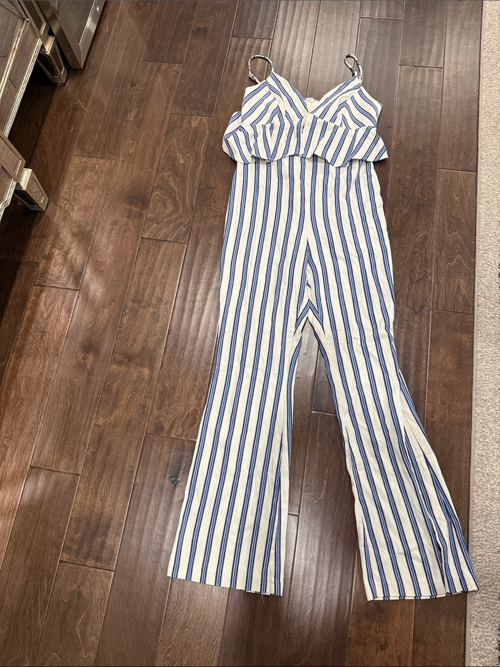 BCBGeneration Blue and White Vertical-Stripe Wide-Leg Jumpsuit
